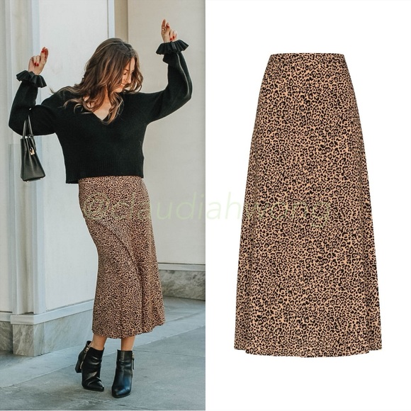 REFORMATION Bia Leopard Print Midi Skirt in Bengal Brown - Picture 3 of 10